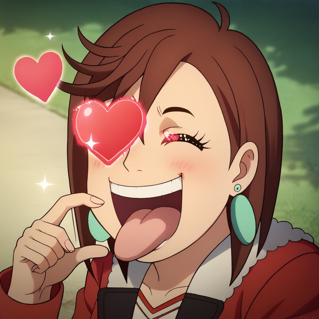 score_9, score_8_up, score_7_up, best quality, masterpiece, BREAK 1 girl, MomoEP4otfits,   Momooutfit1, red jacket, white shirt, fur trim, earrings, jewelry, popping eyes, eye popping out, brown hair,
SanijSimpface, heart shaped eyes, eye-pop-out,