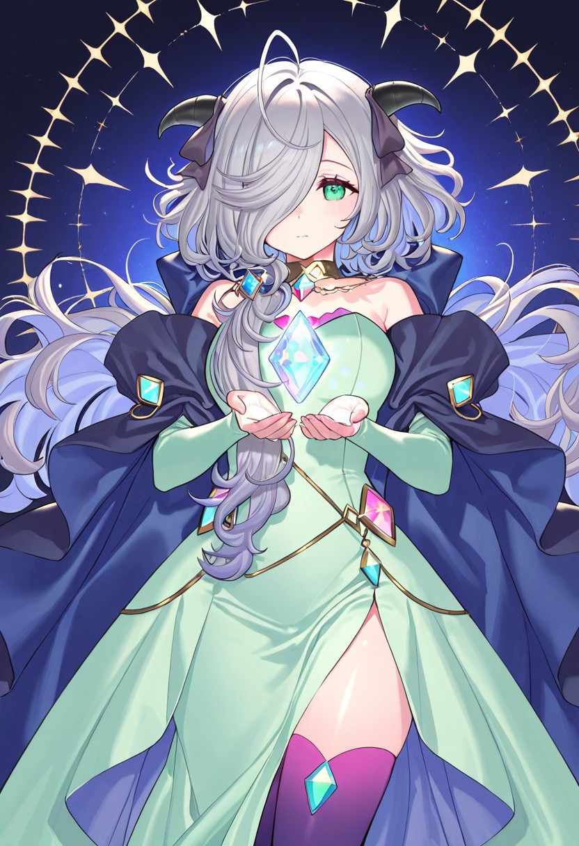 (score_9, score_8, score_7), masterwork, masterpiece, best quality, beautiful eyes, beautiful face, detailed eyes,detailed face, 1girl, eitr01, long silver hair, side-swept bangs, black curved horns,  
mint green dress, ivory outer layer, deep violet inner skirt, high slit dress,  
purple thigh-high stockings, navy blue and violet cape,  
shiny crystal decorations, glowing light blue and pink gems, golden choker with geometric ornament, dynamic angles