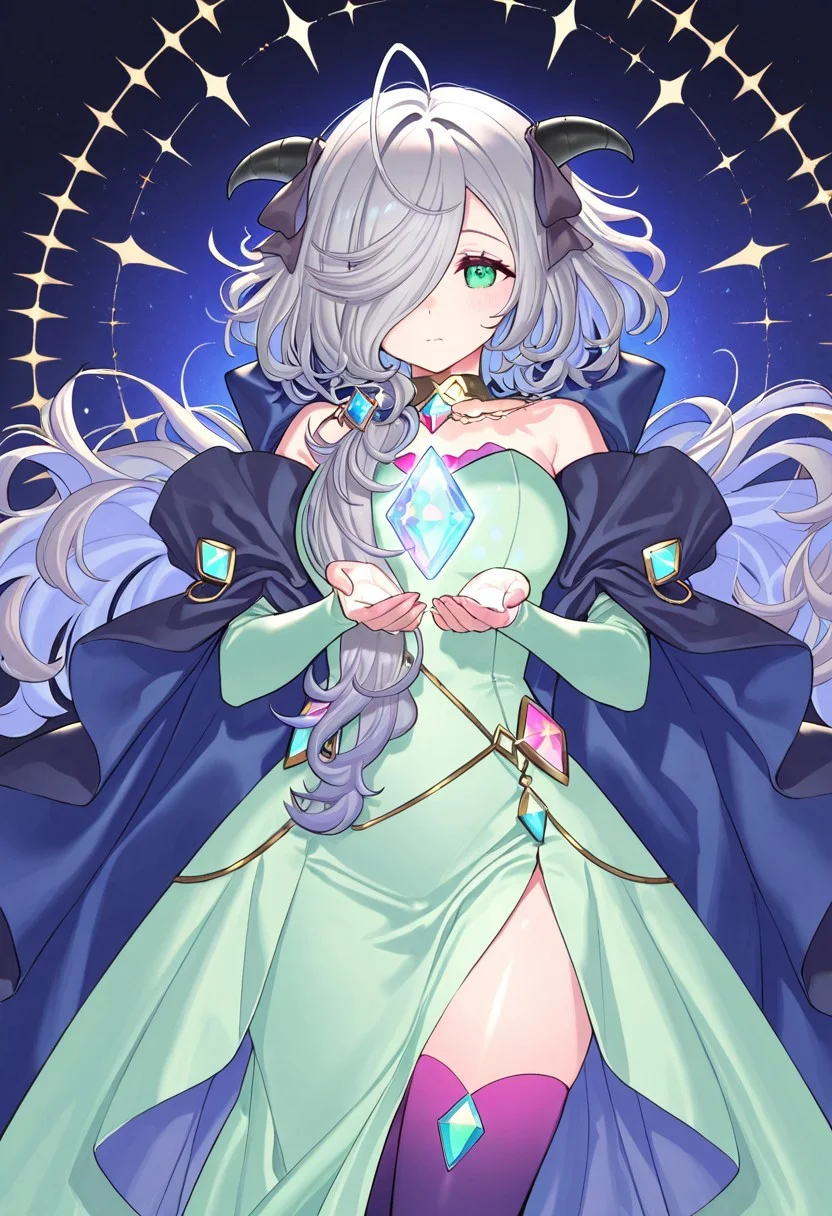 (score_9, score_8, score_7), masterwork, masterpiece, best quality, beautiful eyes, beautiful face, detailed eyes,detailed face, 1girl, eitr01, long silver hair, side-swept bangs, black curved horns,
mint green dress, ivory outer layer, deep violet inner skirt, high slit dress,
purple thigh-high stockings, navy blue and violet cape,
shiny crystal decorations, glowing light blue and pink gems, golden choker with geometric ornament, dynamic angles