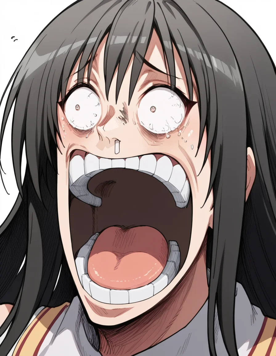 score_9, score_8_up, score_7_up, source_anime, <lora:yui-kotegawa-darkness-ponyxl-lora-nochekaiser:1>, yui kotegawa, black hair, long hair, large breasts, <lora:enel-face-ponyxl-lora-nochekaiser:1> enel face, open mouth, wide-eyed, teeth, tongue,, , ,