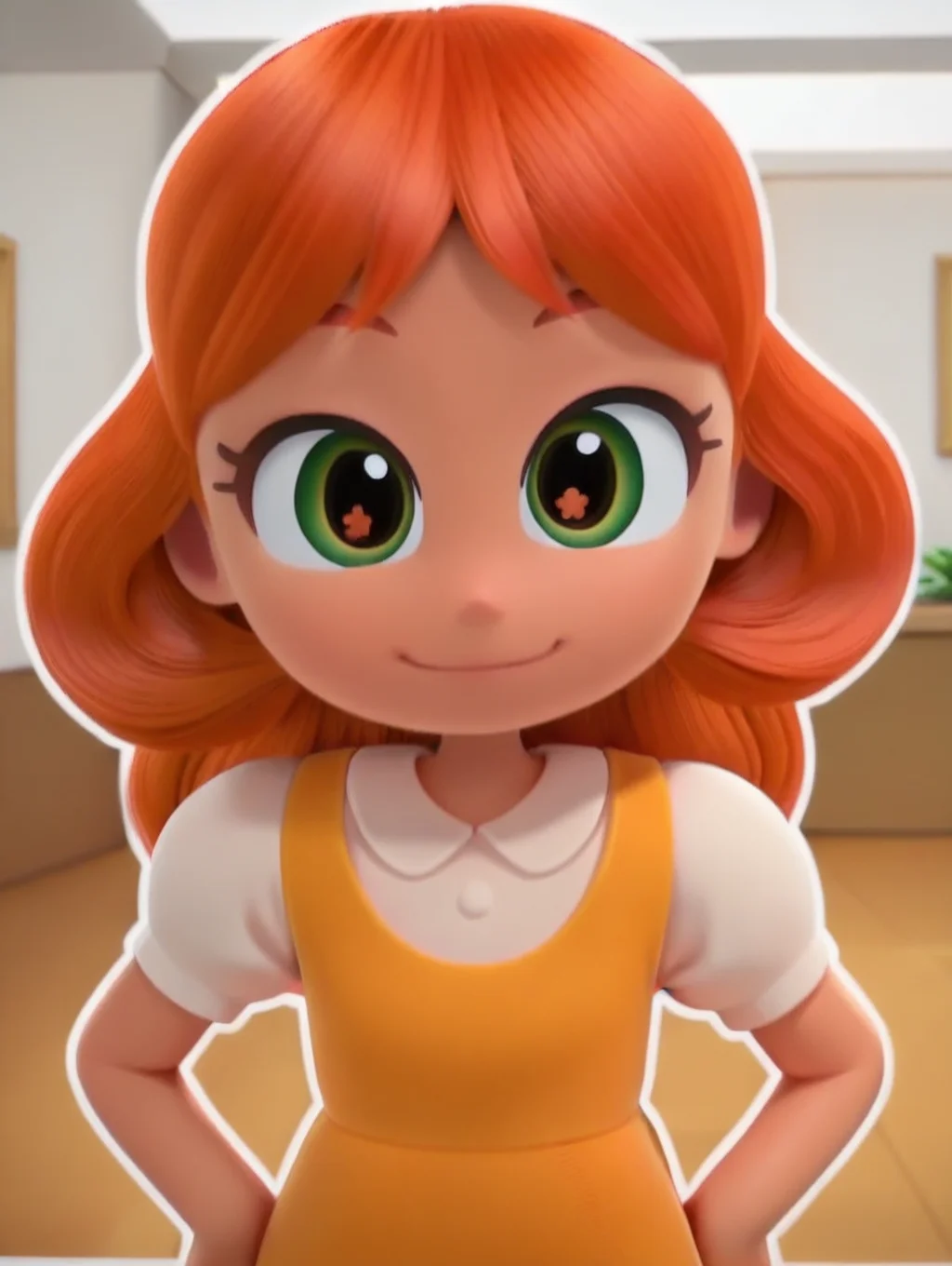 Orange_Amber, 1girl, solo, tan skin, yellowish-green eyes, bouncy hair, orange hair, white blouse, yellowish orange dress, orange leggings, light smile, Hands on hips, looking at viewer, indoors, elegant room,((white background, White frame, white outline))