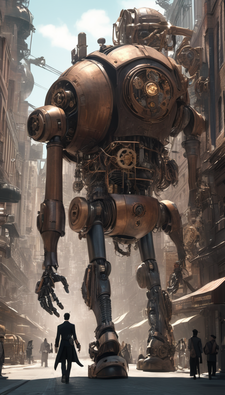 Cinematic scene, a steampunk character walking through a bustling city street with a large mechanical arm attached to their body, detailed background, masterpiece, best quality, high quality, absurdres, steampunk <lora:steampunk_xl_v1:1>