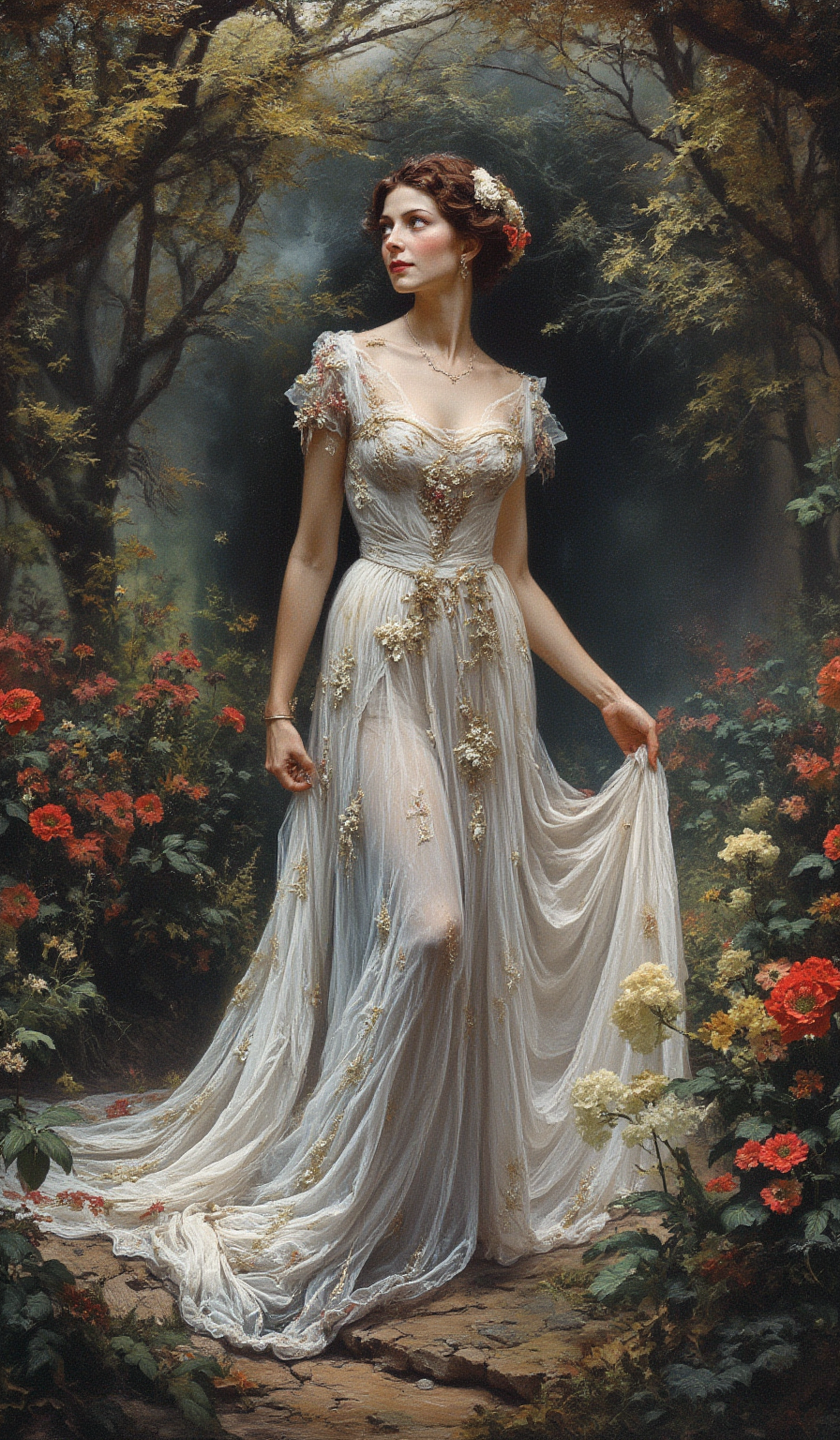 beautiful lady in white dress in a garden, Fauvism Art of elegant clothes, r, (fractal art:1.2), fantasy style, .    drkfnts style,