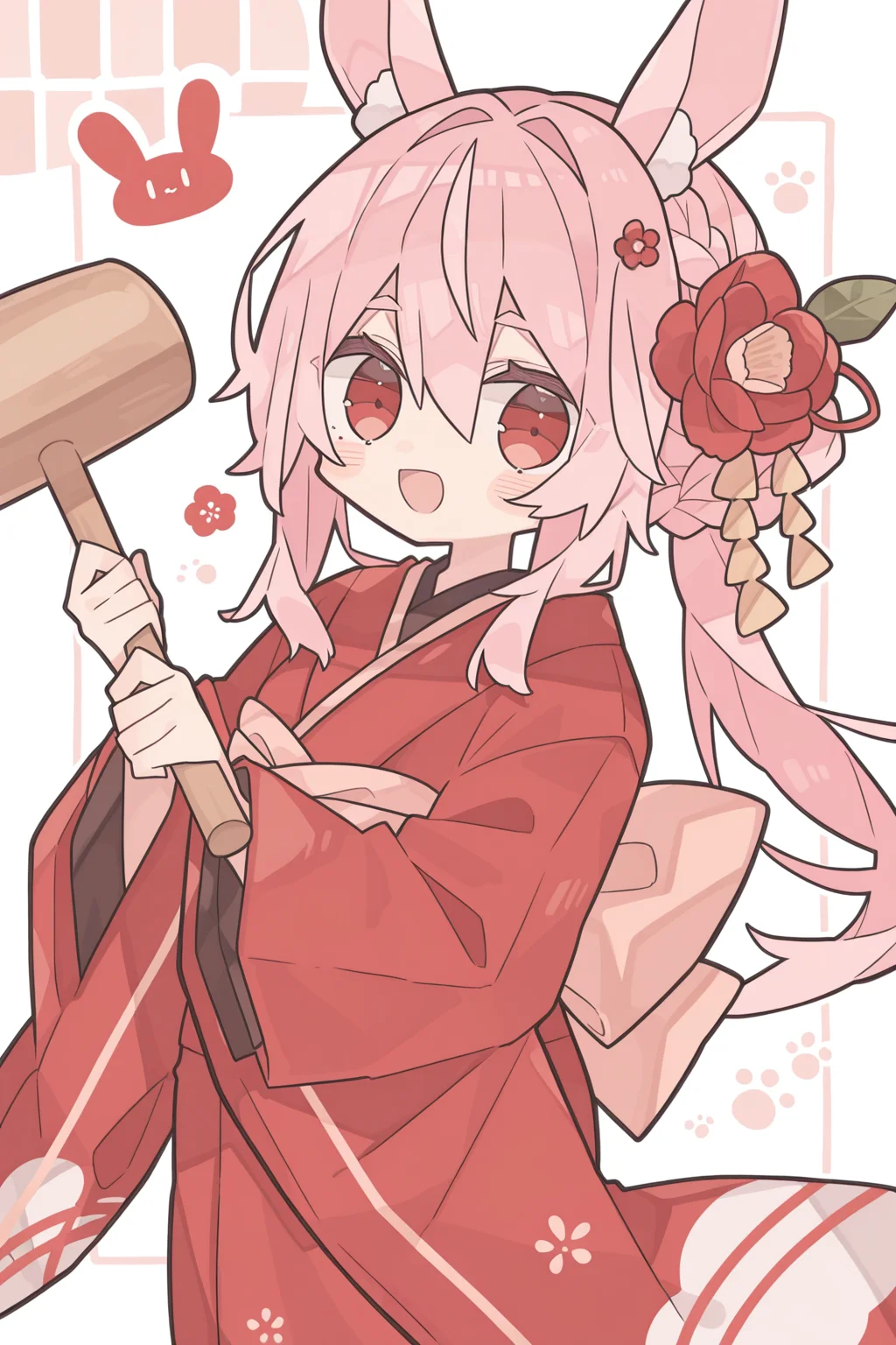 <lora:rororoyu:1>, rororoyu, 1girl, solo, kimono, japanese clothes, animal ears, braid, hair ornament, smile, rabbit ears, red eyes, flower, hair flower, pink hair, food, red kimono, wide sleeves, holding, red flower, :d, bangs, hair between eyes, new year, kine, long hair, open mouth, looking at viewer, rabbit, mallet, long sleeves