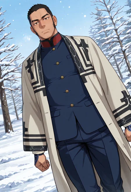 score_9, score_8_up, score_7_up, score_6_up, perfect anatomy, perfect proportions, best quality, masterpiece, high_resolution, high quality, highres, bara, 1boy, solo focus, solo, mature, masculine, manly, hunk, virile, handsome, charming, alluring, source_anime, anime coloringupper body, dutch angle, cowboy shot, BREAK Genjirou Tanigaki, GKGenjirou, black hair, short hair, buzzcut, dark brown eyes, thick eyebrows, long sideburns, facial hair, chinstrap stubble, jawline stubble, Genjirou_outfit04, Imperial Japanese Army uniform 1886 version, dark blue tunic jacket, white Ainu robe, white Attush robe, open robe, open clothes, Ainu pattern, dark blue straight trousers, white puttees, brown boots, outdoor, nature, snow, winter, low angle, from below