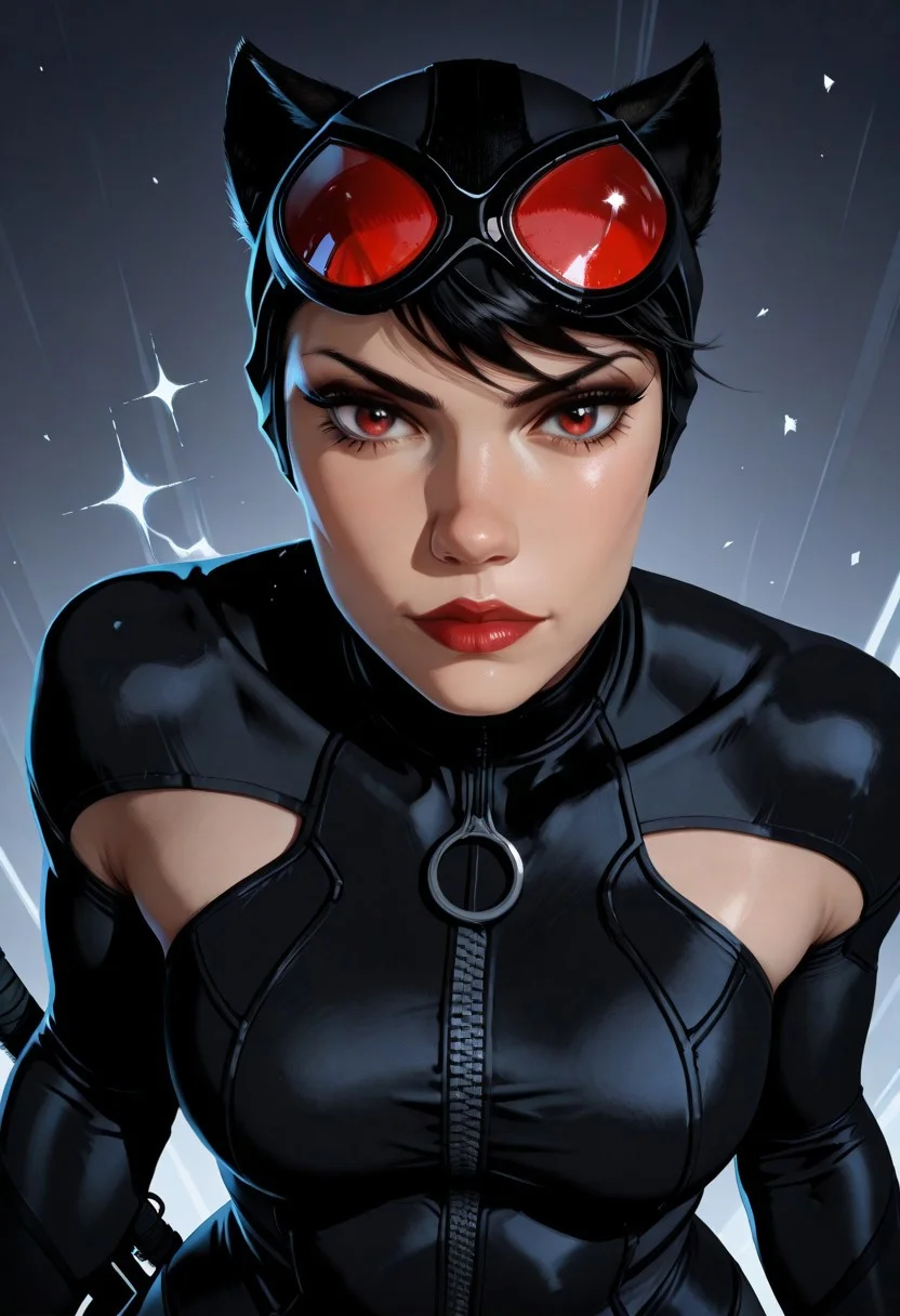 score_9, score_8_up, score_7_up, (close up), solo, highres, high contrast, absurdres, breasts, looking at viewer, short hair, black hair, gloves, female focus, black gloves, cat ears, red eyes, black footwear, bodysuit, full-body, mask on head, cat girl, catwoman,c4tw,c, Her face is very sweet and delicate, with plump, seductive lips that accentuate her (innocent expression). Her big eyes sparkle with sincerity and seduction at the same time, and her small neat nose only adds to her charm, slender, but with attractive forms - strong breasts of larger than average size, defined hips