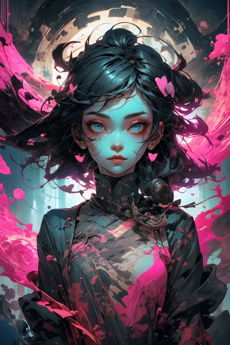 illustration, cartoon, soothing tones, calm colors, (solo:1.1), a digital arf of a undead girl, (pink, heart, love:1.1), wounds, (deathcore:1.2), mistery pink forest, extreme detail, paper texture, 2d, (pascal campion:0.38), vivid colors, (painting art:0.06), [eclectic:clear:0.8], slate atmosphere, cinematic,  muted colors, film grainy, lut
<lora:more_details:0.4>
 <lora:Cosmic anime-oil fusion v2:0.45> 
<lora:AnimeVibesV3:0.3> animevibes, 
<lora:3DMM_V11:0.5> 3DMM 
<lora:midjourney_20230624181825:0.7> midjourney ,
 <lora:LAS:0.5> cloud,colorful,
<lora:msw_locon-t2:0.6>
 <lora:wuxia2:0.6> gu,
 <lora:CyberpunkStyleV1:0.2> PunkAI ,
<lora:CatgirlMaidV1.0-000003:0.35> CatgirlMaid, shiny, shiny hair, shiny skin, shiny clothes