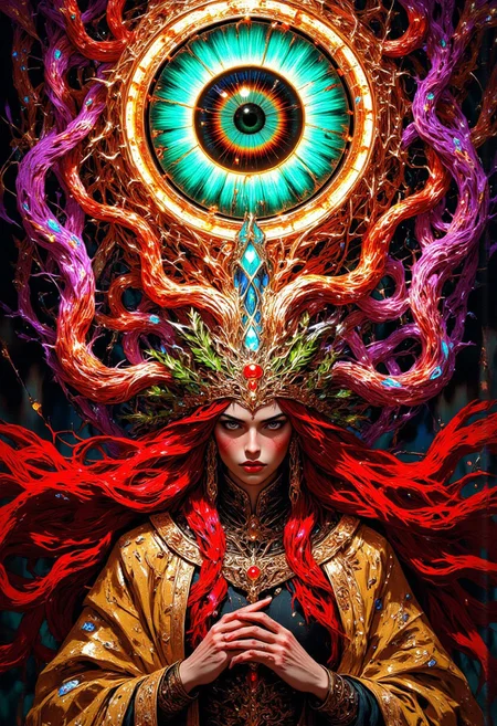 Hyper-detailed digital artwork inspired by Alphonse Mucha for character design, Salvador DalĂ for surrealist style, and James Jean for vibrant coloring, blending optical artistry with spiritual symbolism. This surreal masterpiece features vivid neon colors in a mesmerizing optical illusion. At the top center, a glowing eye stares directly at the viewer, its iris swirling with radiant blues, greens, and purples, blending seamlessly into a prismatic gradient. Concentric magenta and yellow rings spiral outward, radiating motion and depth. Below, a breathtaking woman with cascading red hair, her exaggeratedly long ends floating weightlessly, commands attention. She wears a thorn crown with intricate glowing accents, lending a divine yet haunting aura. Draped in a golden robe adorned with shimmering green vines and dark flowers, her serene face exudes mystical power. One hand is raised in an authoritative gesture while the other rests gracefully on her chest. Surreal vines coil dynamically around her, framing her presence. The background, shifting between electric reds and teals, creates a kaleidoscopic dreamscape. Polished textures, vibrant contrasts, and precise details merge into a visually stunning fusion of surrealism and spiritual mysticism. (mythp0rt, DB4RZ, DB4RZ style painting,aidmaMJ6.1)