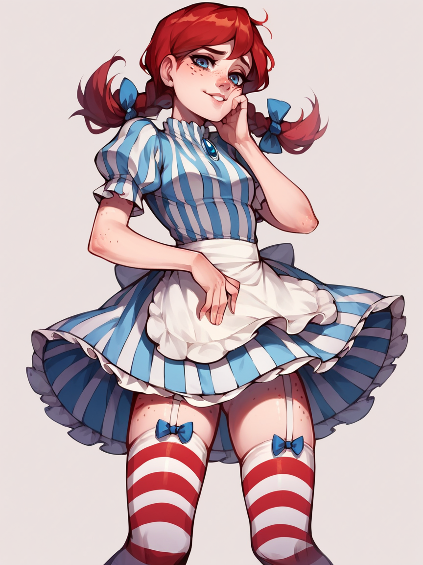 score_9, score_8_up, score_7_up, score_6_up, score_5_up,   <lora:WendysXLP:1> twin braids, wendys, 1girl, red hair, solo, freckles, thighhighs, striped dress, blue eyes