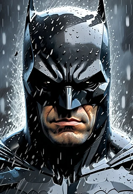 detailxl, high quality,
(black blank background:1.2)
(half body shot, below view, looking at viewer, angry, rain:1.4),
(digital painting of batman, black armored suit with cape:1.6),