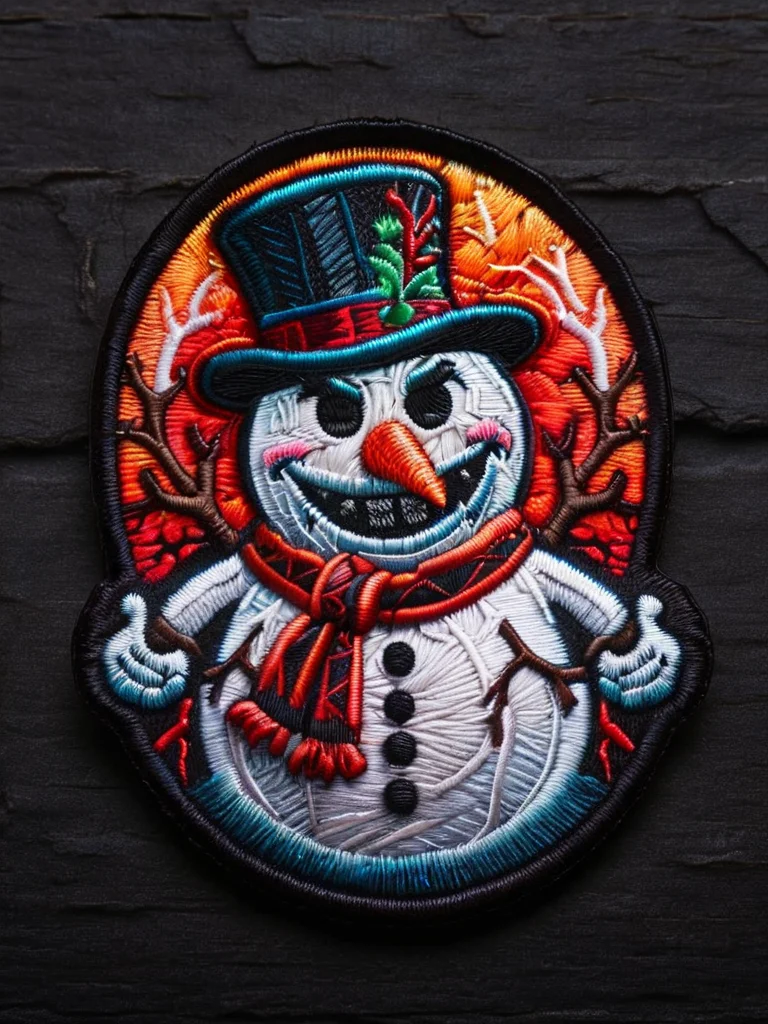 grunge style horror-themed snowman visiting from hell <lora:ral-embroideredpatch:1> ral-embroideredpatch, dark gradient background