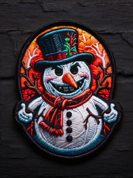 grunge style horror-themed snowman visiting from hell <lora:ral-embroideredpatch:1> ral-embroideredpatch, dark gradient background