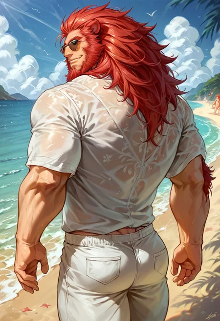 fe_caineghis, long red hair, red beard, lion ears, muscular, orange pupils, score_9, score_8_up, score_7_up, score_6_up, score_5_up, score_4_up, beach, white shorts, unbuttoned floral shirt, sunglasses, walking, back to viewer, slight smile, looking back at viewer