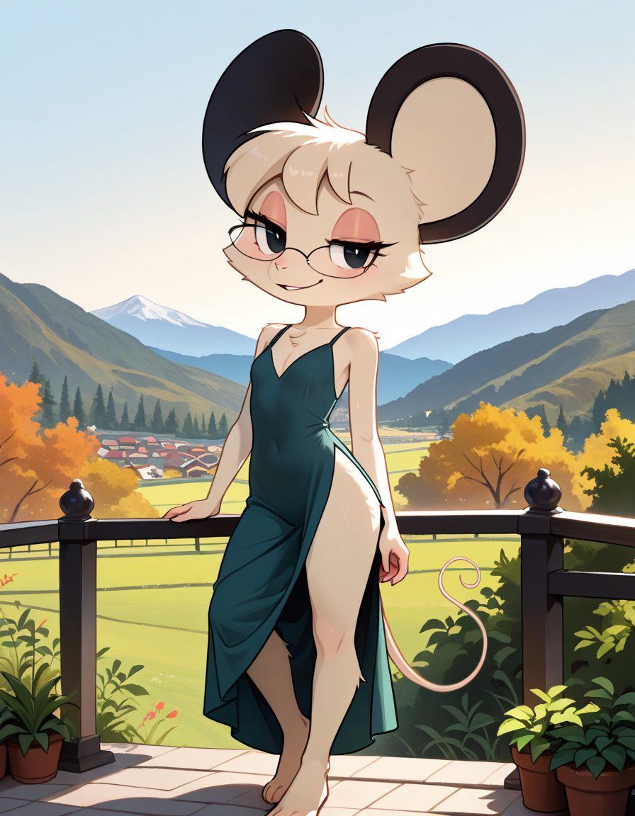 masterpiece, best quality, very aesthetic, absurdres,
outdoors,
full body, standing, posing, 
 seductive smile, parted lips, long eyelashes,
 <lora:Tamy_v01_NAIXL:1>
T4my,1girl,solo,furry,furry female,mouse girl,short hair,mouse ears,black eyes,glasses,animal nose,body fur,white fur,mouse tail,