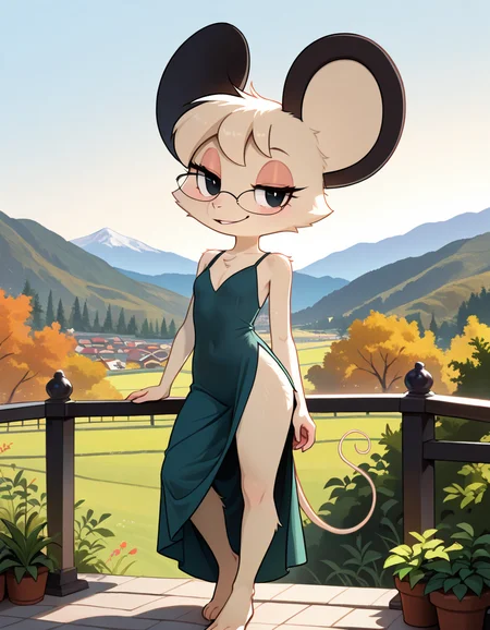 masterpiece, best quality, very aesthetic, absurdres,
outdoors,
full body, standing, posing, 
 seductive smile, parted lips, long eyelashes,
 <lora:Tamy_v01_NAIXL:1>
T4my,1girl,solo,furry,furry female,mouse girl,short hair,mouse ears,black eyes,glasses,animal nose,body fur,white fur,mouse tail,