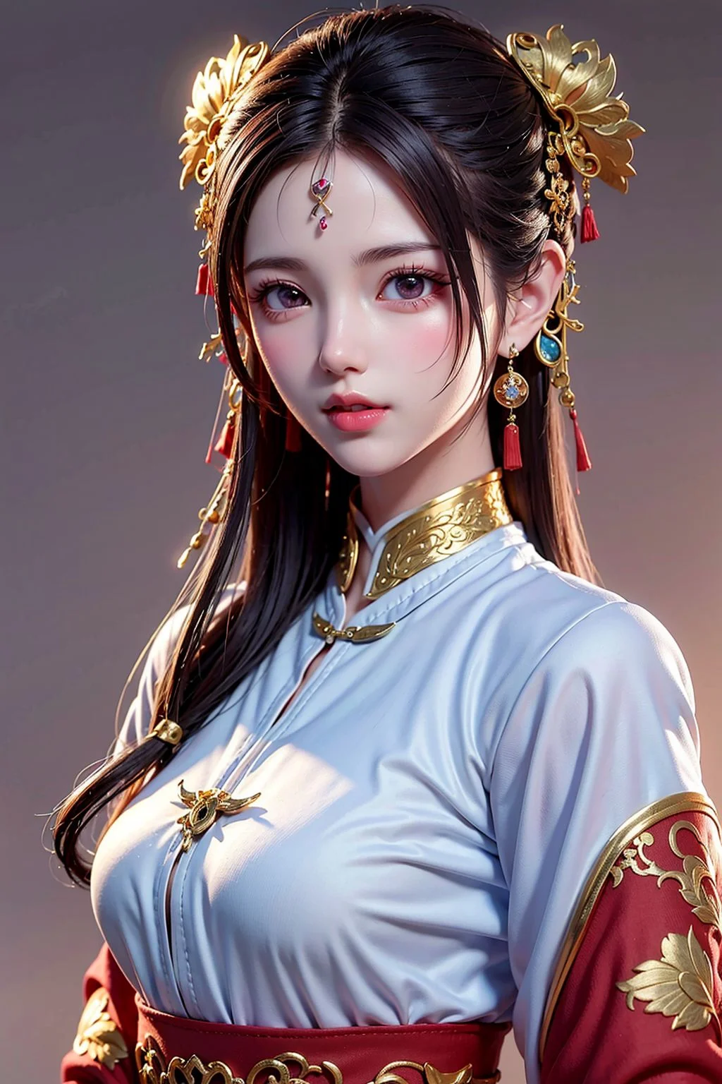 <lora:3loraGuofeng3Lora_v32LoraBigLight:0.5>,(best quality:1.3, masterpiece:1.3), ultra high res, (1girl, solo), atmospheric perspective, detailed face, upper body, make up, pink lips, parted lips, shiny skin, (brown hair), very long hair, looking at viewer, red eyes, earrings, small breasts, slim body,(white silk) ,(((east asian architecture, riverside, beautiful background))), perfect lighting, (front lighting), physically-based rendering,