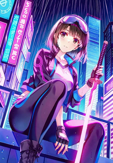 safe_pos, 1girl, misaki kurehito, katou megumi, Megumi,brown hair,kato megumi,brown eyes, short hair , medium breasts,solo,
cyberpunk city, rooftop, night, black leather jacket with neon blue trim, fingerless gloves, goggles on head, holding glowing katana, rain, neon lights, skyscrapers with glowing signs in the background, dynamic low-angle perspective, vibrant pink and blue lighting, futuristic atmosphere,
masterpiece,best quality,high quality,good quality,newest,(detailed eyes)