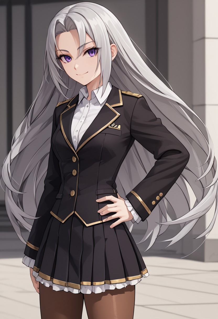 score_4,score_5,score_6,score_7_up,score_8_up,score_9
((masterpiece,best quality,ultra detailed,highres,HD,4k:1.2)),
1girl,solo,grey hair,long hair,Forehead,parted bangs,purple eyes,Strong-willed, strong-willed woman, sharp eyes, slanted eyes,
Black jacket,long sleeves,white shirt,black skirt,pantyhose,brown pantyhose,black shoes,
hand on hip,standing,
smile,