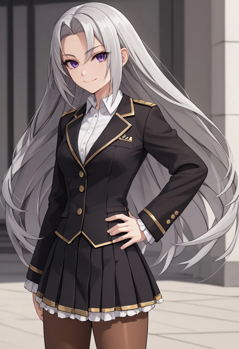 score_4,score_5,score_6,score_7_up,score_8_up,score_9
((masterpiece,best quality,ultra detailed,highres,HD,4k:1.2)),
1girl,solo,grey hair,long hair,Forehead,parted bangs,purple eyes,Strong-willed, strong-willed woman, sharp eyes, slanted eyes,
Black jacket,long sleeves,white shirt,black skirt,pantyhose,brown pantyhose,black shoes,
hand on hip,standing,
smile,