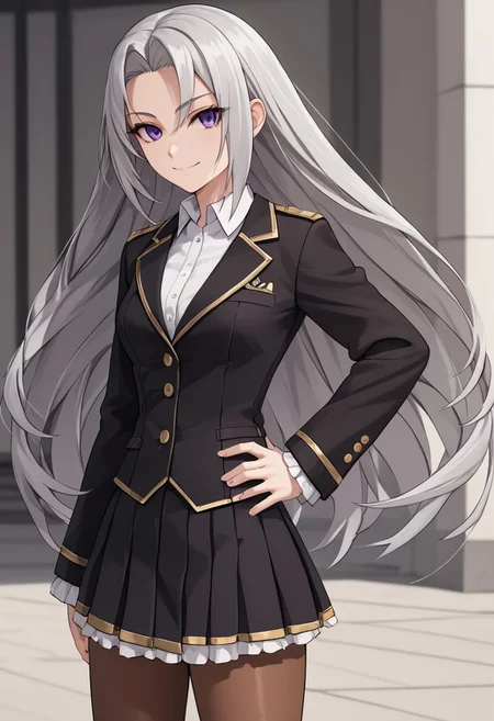 score_4,score_5,score_6,score_7_up,score_8_up,score_9
((masterpiece,best quality,ultra detailed,highres,HD,4k:1.2)),
1girl,solo,grey hair,long hair,Forehead,parted bangs,purple eyes,Strong-willed, strong-willed woman, sharp eyes, slanted eyes,
Black jacket,long sleeves,white shirt,black skirt,pantyhose,brown pantyhose,black shoes,
hand on hip,standing,
smile,