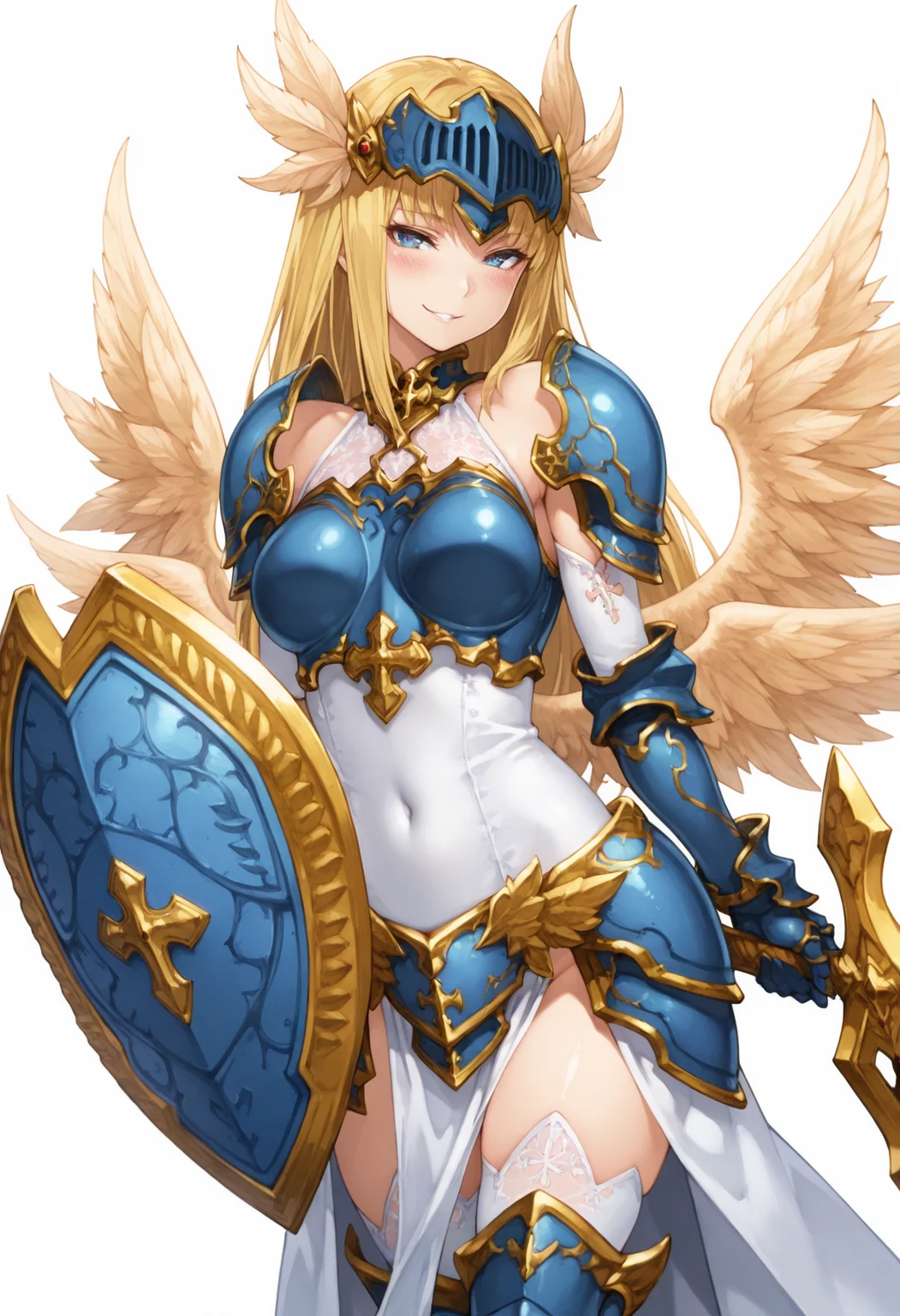 masterpiece, high quality, best quality, highres, 1girl, solo,
valkyriemge, blonde hair, revealing armor, blue eyes, white pelvic curtain, long hair, blue greaves, white thigh highs, layered clothes, blue choker, blue gauntlets, thighhighs, gold sword, blue armor, white dress, cross, lace, blue shield, gold trim, covered navel, yellow wings, valkyrie, multiple wings, holding sword, feathered wings, visor, head wings, blue visor,
looking at viewer, evil smile, blush,
anime, white background, simple background, dynamic pose,
<lora:valkyriesmge-000009:0.9>