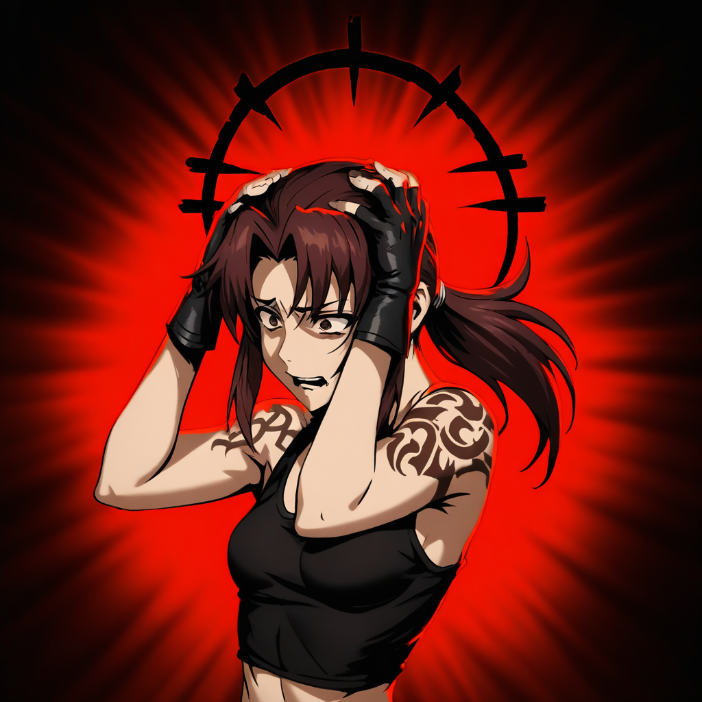 masterpiece, best quality, newest, absurdres, highres, anime, anime style, DDAffliction-V1.1, black halo, pain, hands on own's head, scream, 1girl, revy_(black_lagoon), ponytail, black gloves, black tank top, tank top, tattoo, tribal tattoo, shoulder tattoo, crop top, brown eyes, brown hair,