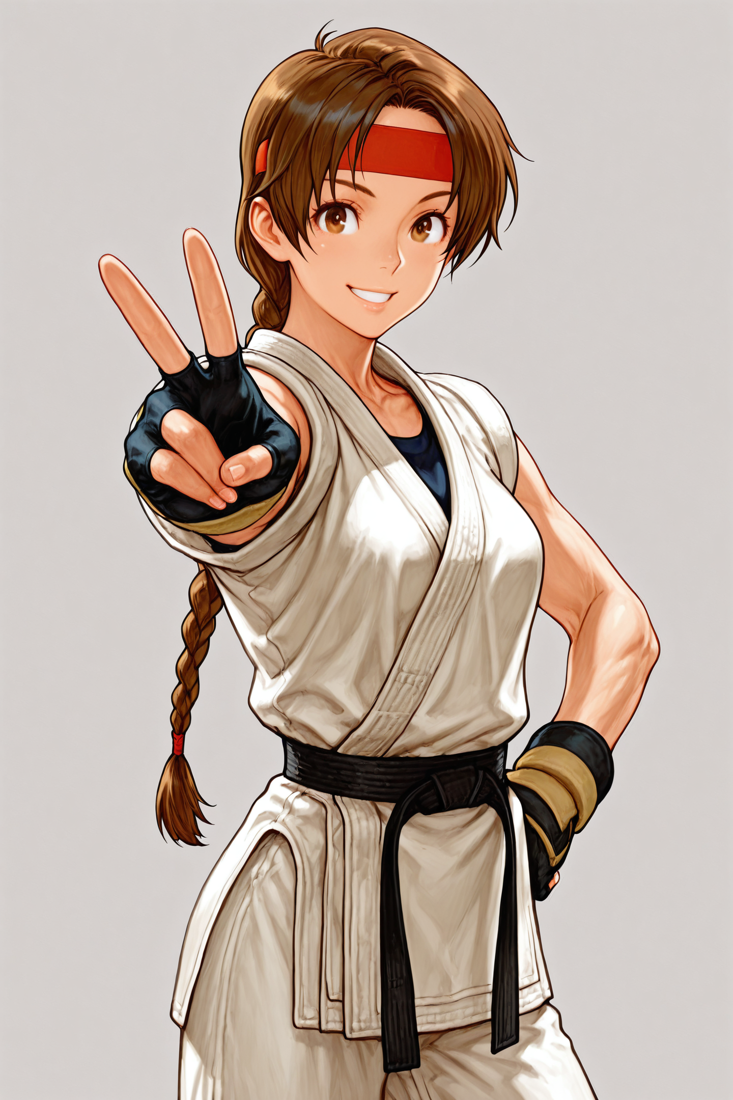 Yuri Sakazaki,1girl,solo,white dougi,short hair,brown hair,black gloves,red headband,fingerless gloves,brown eyes,v,smile,hand on hip,braid,single braid,looking at viewer,
<lora:Kinu Nishimura_illustriousXL:1.5>,