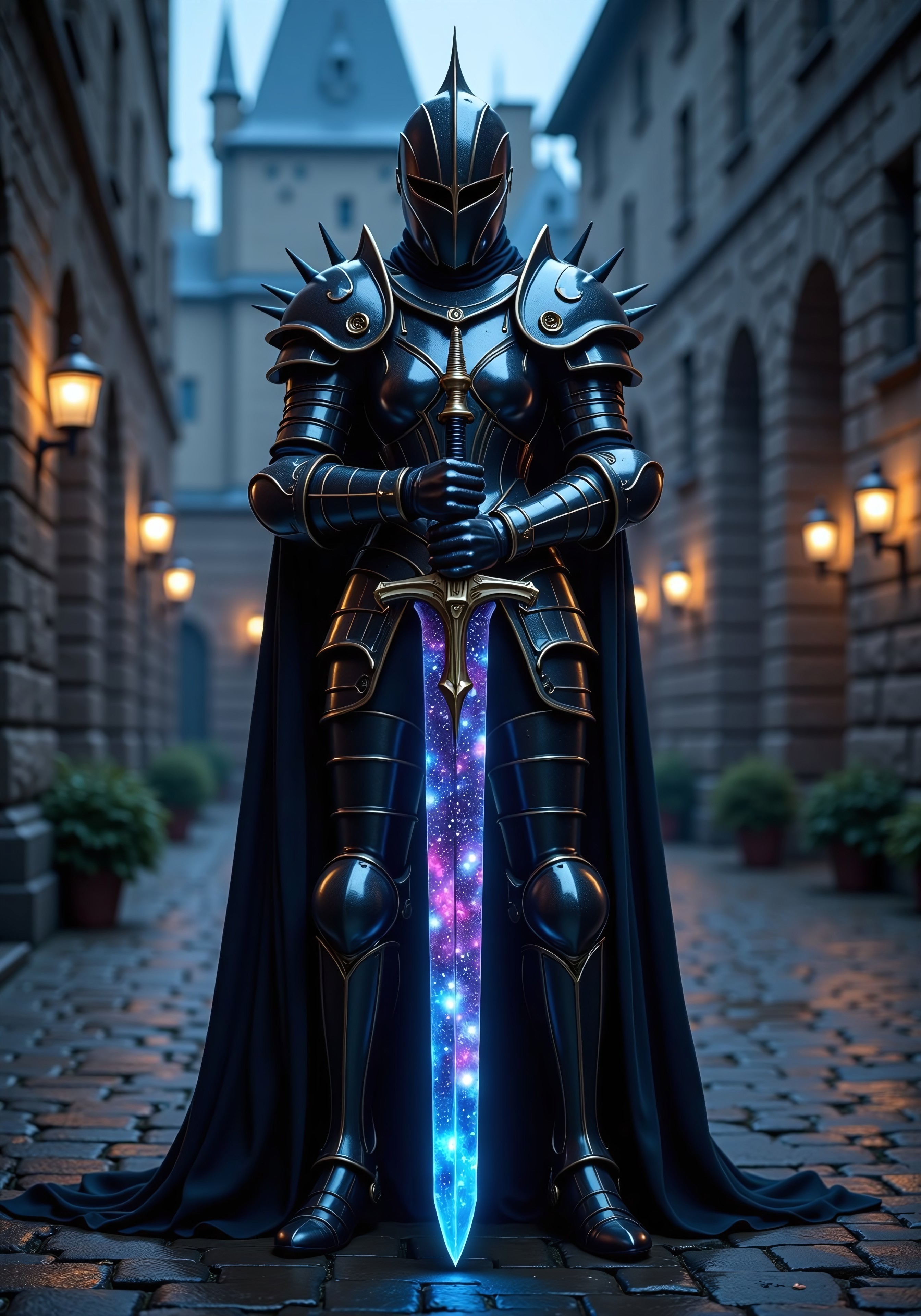 aidmaimageupgrader, ((they glow at night)), a high quality digital image of a woman knight wearing full heavy plate armour included helmet and face shield, the armour is as dark as eternity and seems to absorb light itself, the armour is stylised with sleek curves and a variety pf spikes on the shoulder pads and gauntlets, she is holding a greatsword, the greatsword is black as night and the blade is made of an intricately detailed galaxy, within the galaxy we see a variety of stars, nebulae and galactic dust detailed in bright and vivid colours, she is standing in a castle courtyard at midnight, they glow at night,