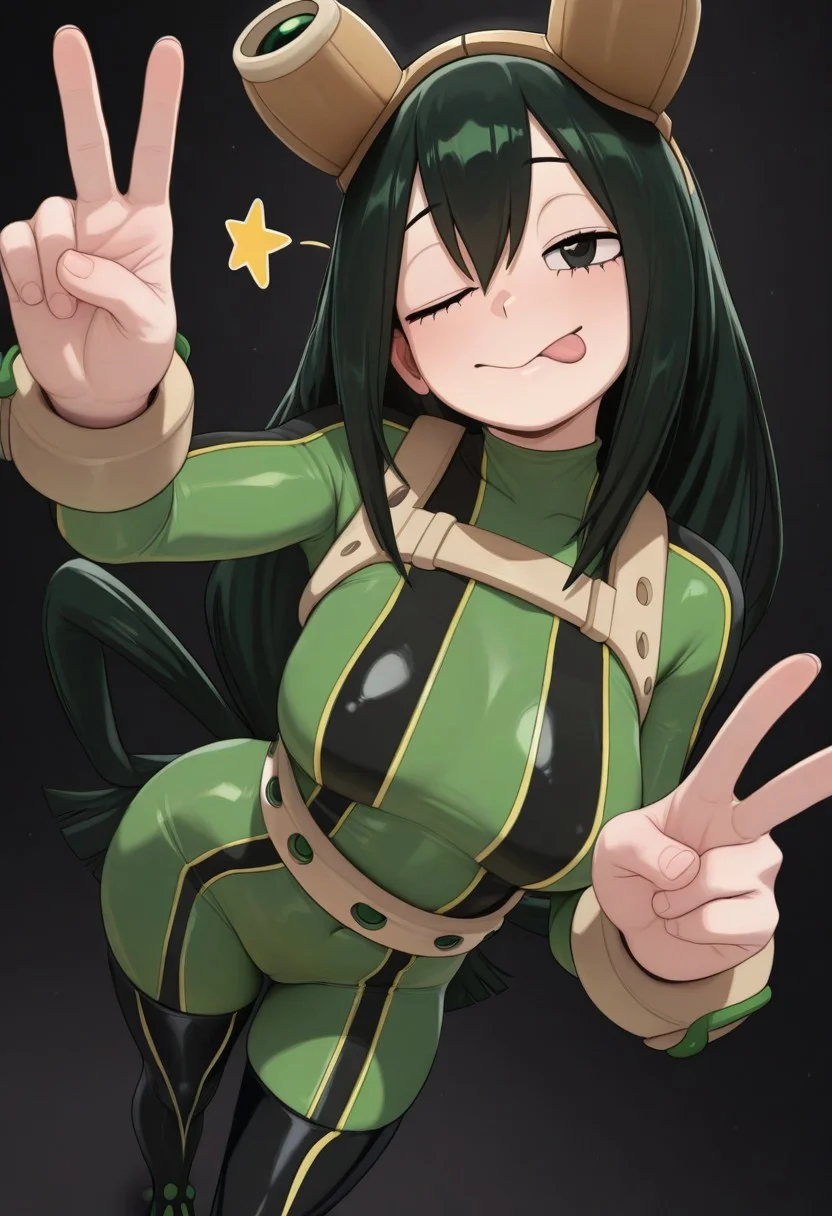 masterpiece, best quality, amazing quality, very aesthetic, 8k, very awa, absurdres, detailed face, detailed background, dynamic pose, dynamic angle, greatm8, smewed, motylek, momisan,
1girl, solo, asui tsuyu, looking at viewer, black background, standing, happy, tongue, wink, peace sign,
