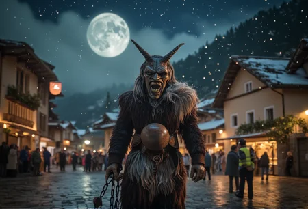 A scene of one Krampus figure standing in a village square with a chained sack and a chilling grin, watching the village below, under the glow of a full moon, with snowflakes gently falling, creating a sense of foreboding magic, in sharp focus, with crisp details, and a freeze-frame effect.<lora:bv-krampus-v1.safetensors:1.0:1.0>