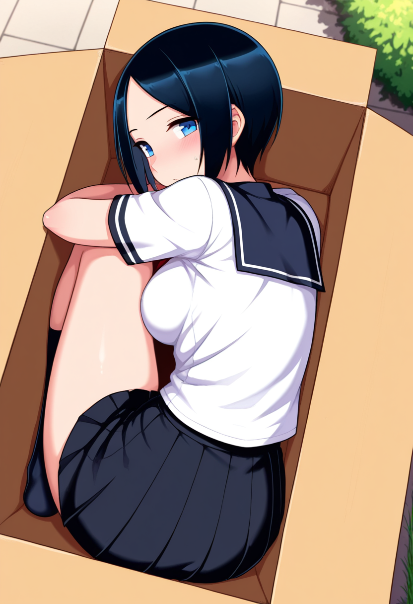 masterpiece, best quality, amazing quality, 1girl, solo, eriww, blue eyes, black hair, short hair, parted bangs, medium breasts, school uniform, serafuku, shirt, white shirt, short sleeves, black skirt, pleated skirt, <lora:Eri_Todo_Iitai_Koto_wa_ill_v21:0.9>, from behind, looking back, looking at viewer, cardboard box, in box, folded, tightly folded, outdoors, , skindentation, detailed clothing folds, depth of field, sharp, high contrast, dynamic light