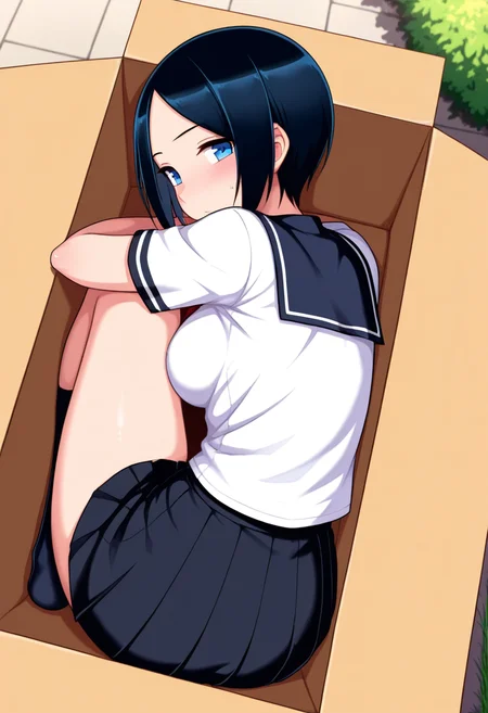 masterpiece, best quality, amazing quality, 1girl, solo, eriww, blue eyes, black hair, short hair, parted bangs, medium breasts, school uniform, serafuku, shirt, white shirt, short sleeves, black skirt, pleated skirt, <lora:Eri_Todo_Iitai_Koto_wa_ill_v21:0.9>, from behind, looking back, looking at viewer, cardboard box, in box, folded, tightly folded, outdoors, , skindentation, detailed clothing folds, depth of field, sharp, high contrast, dynamic light