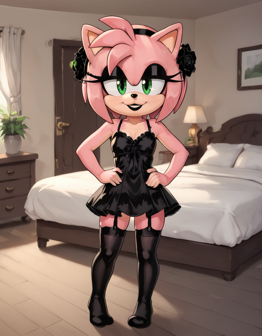 indoors,bedroom,
full body,smile,parted lips,happy,
negligee,black thighhighs,garter belt,
<lora:AmyBlackRose_v03_PDXL:1>,AmyBlackRose,1girl,furry female,solo,short hair,pink hair,hairband,bangs,hair ornament,hair flower,black hairband,sidelocks,green eyes,makeup,long eyelashes,black lipstick,animal nose,animal ears,body fur,pink fur,