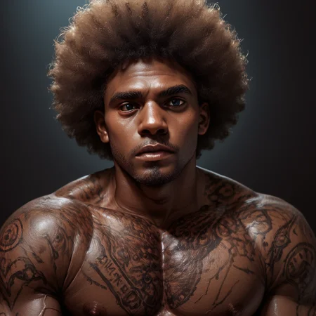 score_9, score_8_up, score_7_up, score_6_up, score_5_up, score_4_up, a highly detailed painting of a black man, 1 man, black man, dark skin, male strip club, on the pole, large round afro, hair focus, bare chested and muscular, brown leather boots and jean shorts only<lora:detailed_notrigger> <loar:Pony_DetailV1.0> <lora:Black_Woman_v3_e6> <lora:PONYLargeRoundAfro>