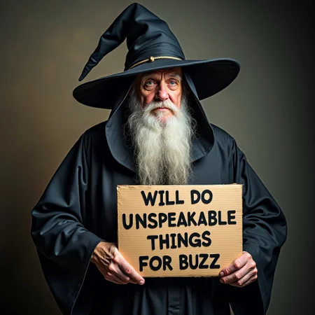 Portrait of an old wizard wearing dark robes and holding a sign with "WILL DO UNSPEAKABLE THINGS FOR BUZZ" written on it in black letters.