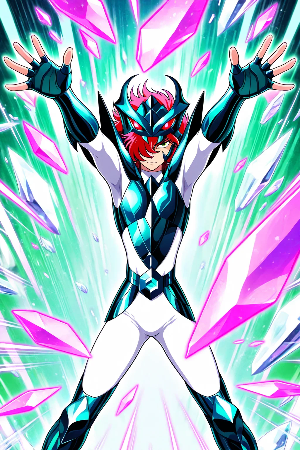 masterpiece,best quality,amazing quality, SSALBE, 1boy, male focus, wavy hair, short hair, pink-red hair, hair over one eye, green eyes, megrez forehead protector (red eyes), teal megrez armor, teal fingerless gauntlets, white bodysuit, solo, cowboy shot, purple crystals, legs apart, outstretched hands, outstretched arms, transparent white crystals, green action lines, straight on, action lines, pink circles, pink energy