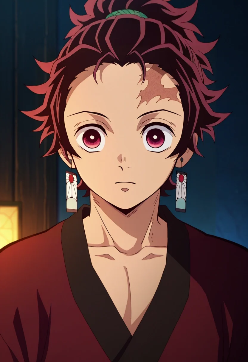 masterpiece, best quality, intricate details, anime screencap, anime coloring, official style, , , 1boy, solo, male focus, <lora:tanjirou_kamado_ilxl:0.98>, tanjirou_kamado, 1boy, red hair, red eyes, short hair, scar on forehead, ponytail, upper body, fantasy land, light, singing, expressionless,
