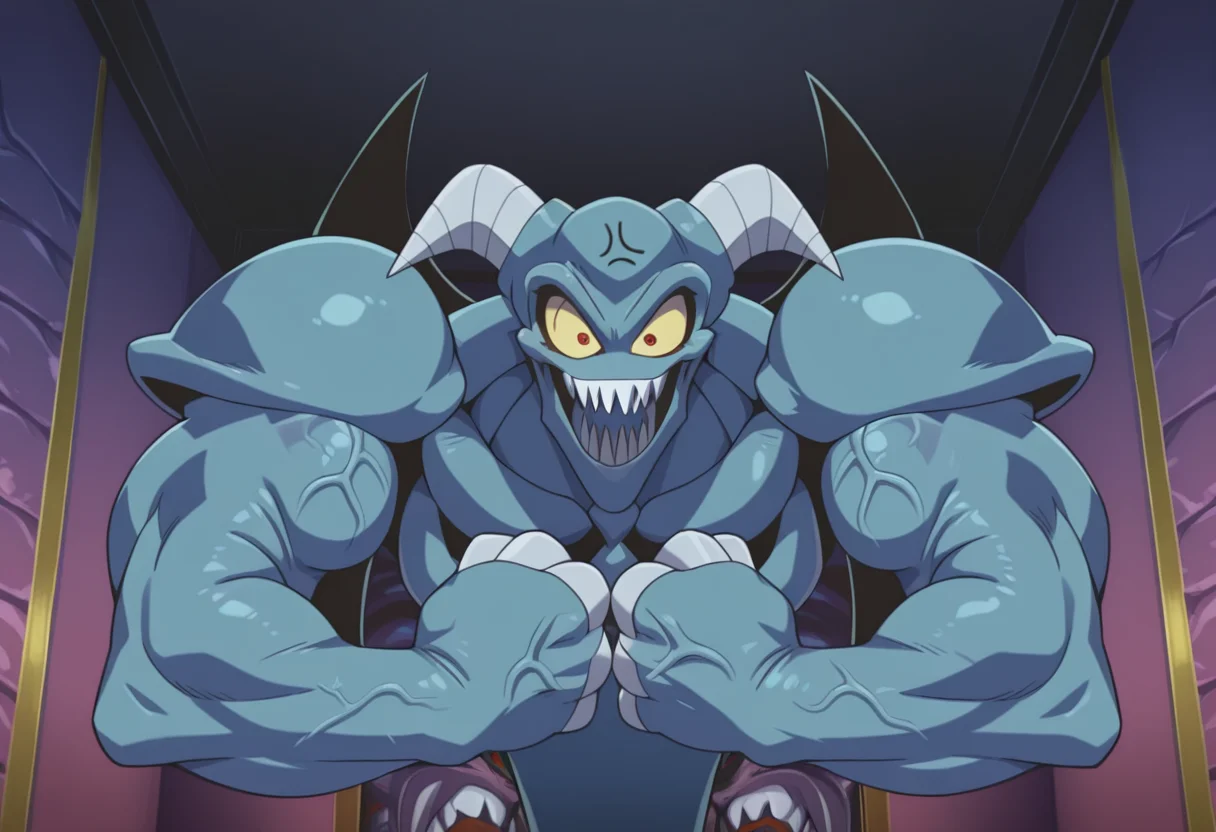 best quality, amazing quality, very aesthetic, absurdres, newest, high quality, masterpiece BREAK 1boy, T00nSkull, ribcage, blue skin, claws, horns, monster, fiend, yellow sclera, red eyes, indoors, grinning, sharp teeth, shoulder pads, close-up, veins, flexing, shoulder pads, anger vein, looking at viewer <lora:Toon_Summoned_Skull_Yugioh:1.1> <lora:illustriousXL_stabilizer_v1.93:.8> <lora:NOOB_vp1_detailer_by_volnovik_v1:1>