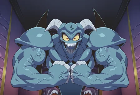 best quality, amazing quality, very aesthetic, absurdres, newest, high quality, masterpiece BREAK 1boy, T00nSkull, ribcage, blue skin, claws, horns, monster, fiend, yellow sclera, red eyes, indoors, grinning, sharp teeth, shoulder pads, close-up, veins, flexing, shoulder pads, anger vein, looking at viewer <lora:Toon_Summoned_Skull_Yugioh:1.1> <lora:illustriousXL_stabilizer_v1.93:.8> <lora:NOOB_vp1_detailer_by_volnovik_v1:1>