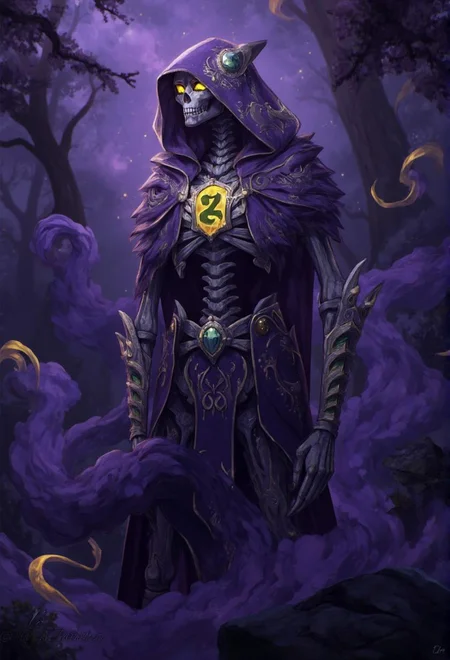 <lora:ck-LttleGhost-000011.safetensors:1> in the style of ck-lttlegh0stA skeletal figure with glowing yellow eyes stands tall in a mystical foggy forest, surrounded by swirling purple mist infused with pulsing golden and emerald green energy. Luxurious ornate cloak and intricately crafted armor adorn the figure, showcasing photorealistic details. This captivating CGI artwork exudes an otherworldly allure, ideal for display.