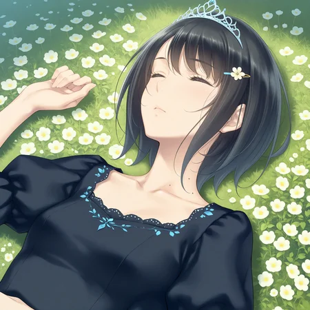 <lora:Aoki_Fumio_flowers_art_n16c16_nai_loha:1.2>,Aoki Fumio flowers art,
1girl,solo,closed eyes,hair ornament,hairclip,short hair,flower,black hair,on back,mole on neck,tiara,lying,