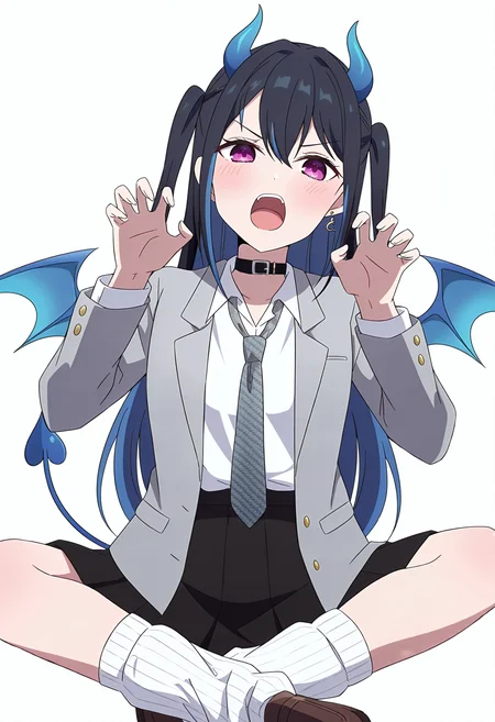 KaguyaSamaStyle, <lora:Kaguya_Sama_IL:0.8>,
<lora:ub1mo:0.8>,
<dasiwa-ill-void-droid-style-2964-52:0.6>, dasiwavodr,
1girl, solo, long hair, looking at viewer, blush, open mouth, simple background, shirt, skirt, black hair, long sleeves, white background, hair between eyes, jewelry, sitting, blue hair, jacket, school uniform, purple eyes, tail, white shirt, multicolored hair, earrings, pleated skirt, open clothes, horns, teeth, wings, necktie, collared shirt, choker, socks, virtual youtuber, black skirt, streaked hair, open jacket, black jacket, collar, two side up, upper teeth only, black choker, white socks, demon girl, demon horns, blazer, wing collar, demon tail, demon wings, grey jacket, black collar, claw pose, indian style, loose socks, belt collar, blue wings, mini wings, multicolored wings, grey necktie, blue horns, multicolored horns, blue tail, houndstooth, print necktie, butterfly sitting, gradient wings,