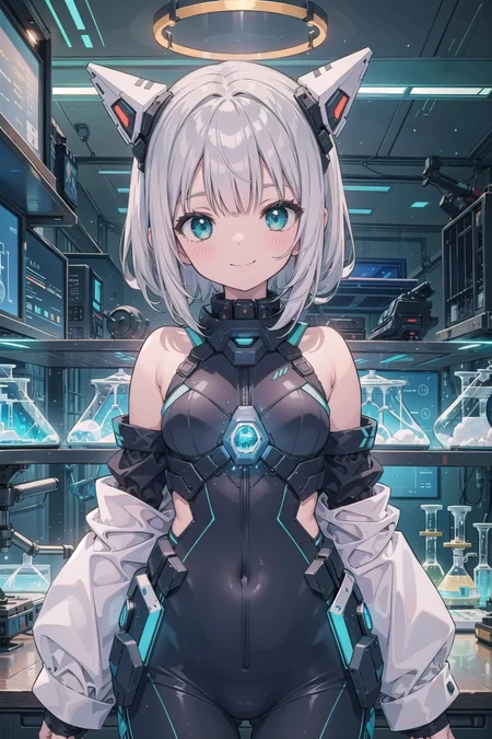 (masterpiece),  (science fiction:1.4),  1girl,  smile,  silver hair,  aqua eyes,  headgear,  long sleeves,  detached sleeves