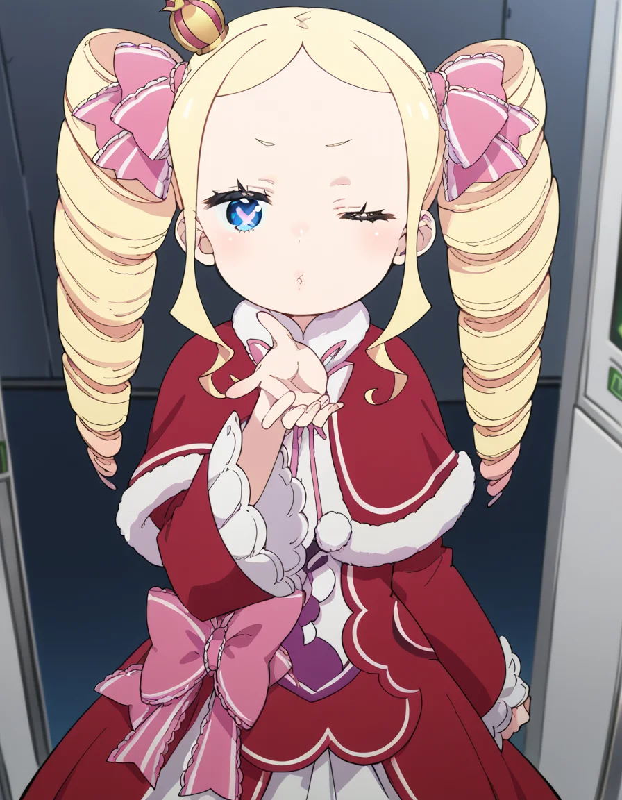 score_9, score_8_up, score_7_up, source_anime, <lora:rezero-beatrice-s3-p1-ponyxl-lora-nochekaiser:1>, beatrice, long hair, blue eyes, blonde hair, twintails, hair ribbon, sidelocks, symbol-shaped pupils, drill hair, twin drills,, dress, ribbon, fur trim, capelet, crown, mini crown, red capelet, frills, bowtie,, space elevator, tall, space, futuristic, technology, , <lora:blowing-kiss-ponyxl-lora-nochekaiser:1>, blowing kiss, pucked lips, heart, one eye closed, o3o, hand up, bed room, bed, blush, cowboy shot, dutch angle,, looking at viewer, solo,, dutch angle, cowboy shot