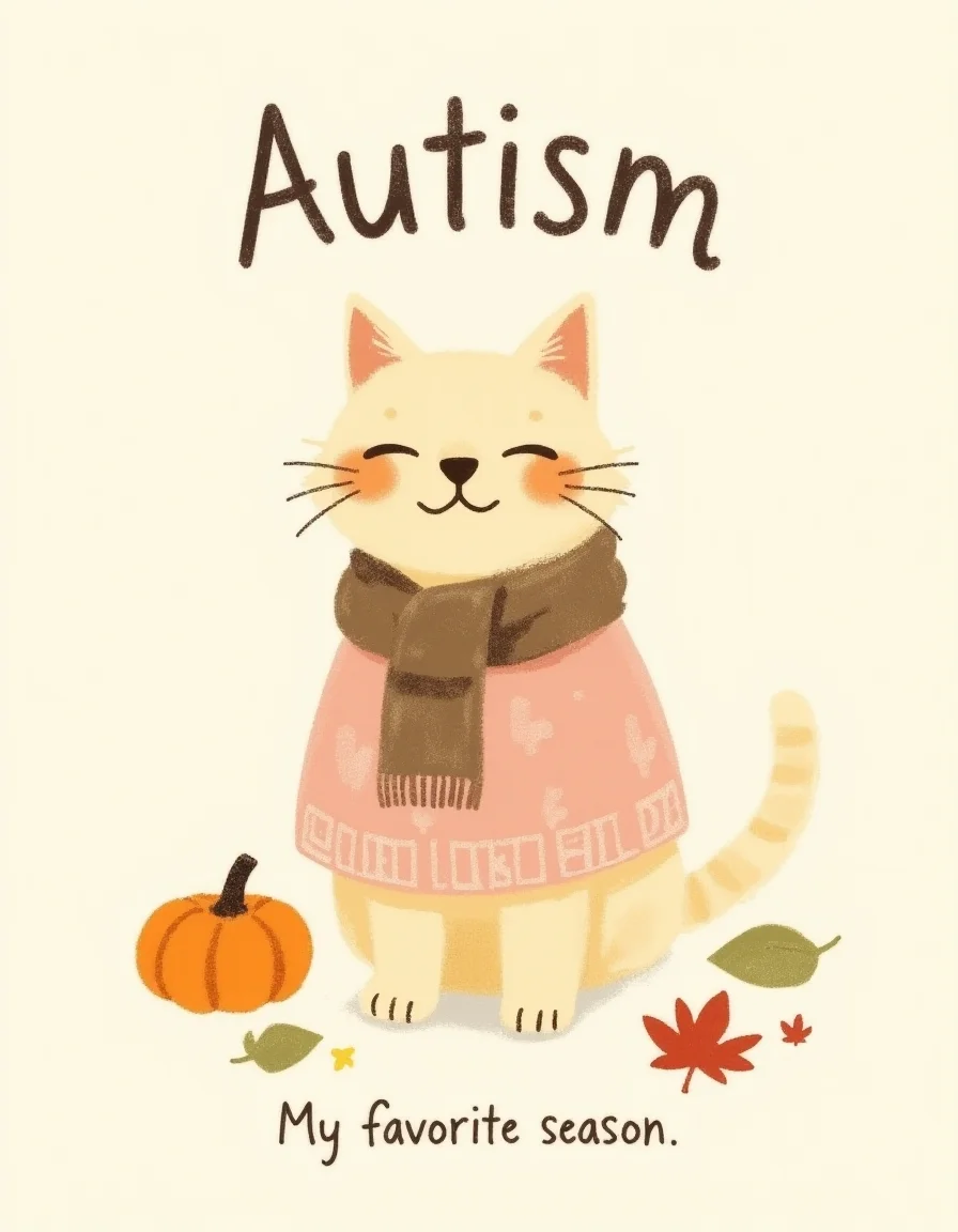 This is a digital drawing in a minimalist, cartoon style. The image features a cute, anthropomorphic cat. The cat is wearing a light pink sweater and a brown scarf, The cat is standing upright and smiling. Surrounding the cat are various autumn-themed elements,Above the cat, the word "Autism" is written in a playful, black, handwritten font. Below the cat, in a similar font, it reads "My favorite season". <lora:qiu_crayon:0.8>