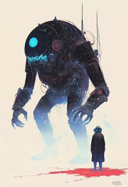 side view, dystipian white comic art style,A lone man, clad in a sleek, futuristic jacket, stands in an infinite white void, his posture tense as he gazes downward through high-tech VR goggles. Before him, a towering cybernetic robot looms—an intricate fusion of black metal and glowing blue circuitry, its steampunk-inspired design adorned with exposed gears, brass plating, and pulsating neon tubes. The robot’s piercing, luminescent eyes lock onto the man, its mechanical limbs exuding an eerie, otherworldly precision. The stark emptiness around them enhances the surreal atmosphere, the high-contrast lighting casting elongated shadows, while fine mist swirls faintly at their feet, amplifying the tension of this enigmatic encounter. Hyper-detailed, cinematic lighting, ultra-sharp textures, 8K UHD, moody sci-fi ambiance.
