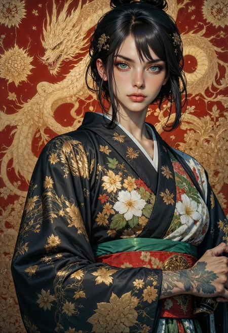 a highly detailed, digital artwork in a fantasy anime style. It features a young woman with pale skin and striking blue eyes, standing against a richly patterned background. She has black hair styled in an elaborate updo, adorned with golden hairpins and small ornaments. She is dressed in a traditional Japanese kimono, which is black with intricate, colorful floral and geometric patterns in gold, white, and green. The kimono's sleeves are long and slightly puffed, and it is cinched at the waist with a wide, decorative sash.
In her right hand, she holds a katana, its blade glinting with a sharp, metallic sheen. The sword's hilt is detailed and ornate, suggesting it is a high-quality weapon. Her left arm, partially visible, is adorned with elaborate tattoos, adding a touch of edginess to her otherwise traditional attire. The background is a complex, gold and red tapestry featuring intricate designs and patterns, including a large, stylized dragon and other mystical symbols, adding depth and texture to the scene. The overall atmosphere is one of elegance and strength, blending traditional Japanese aesthetics with a modern, fantasy twist.