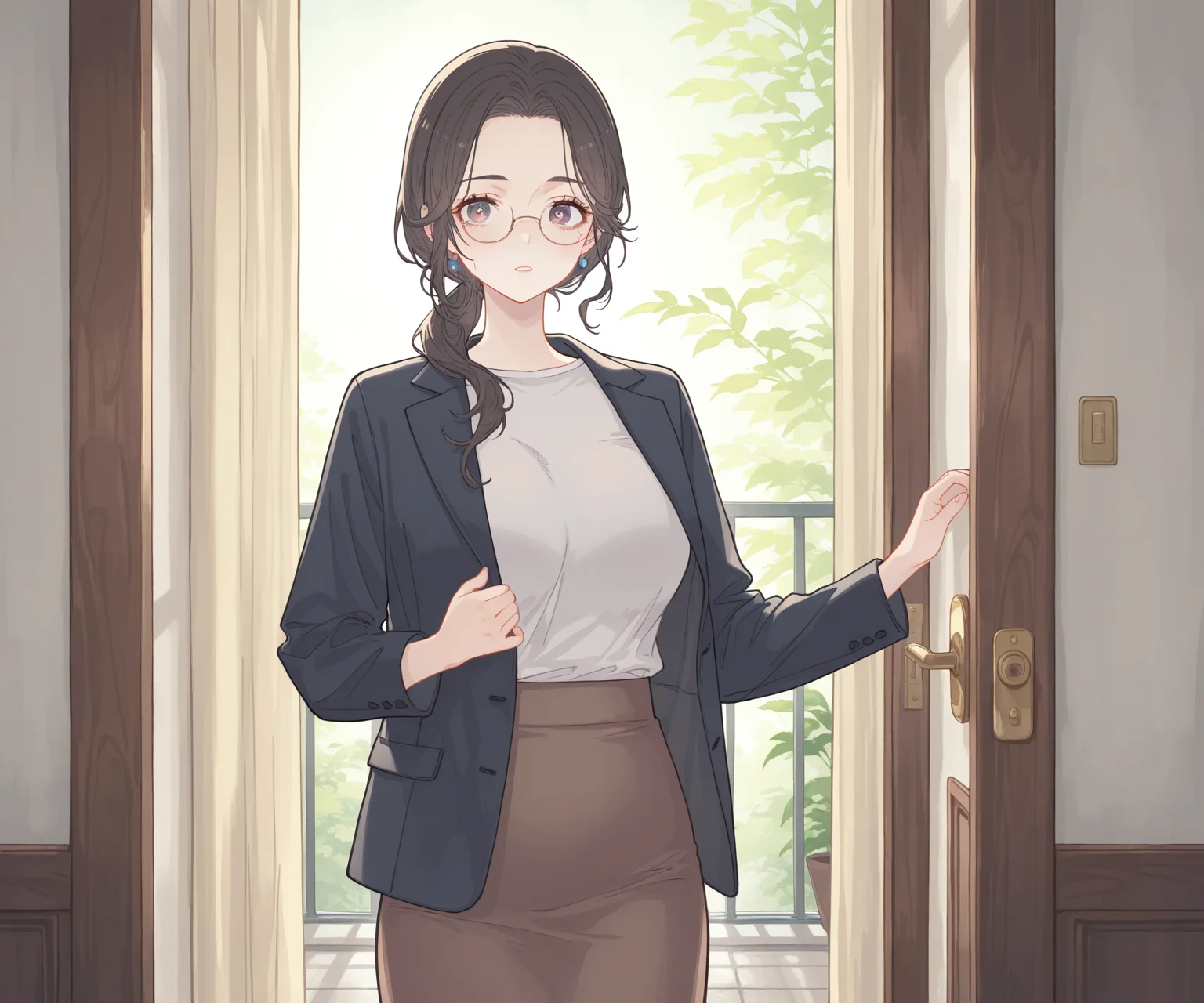 masterpiece, best quality, amazing quality, , 1girl,solo, shirt, jacket, skirt, looking at viewer, mature female, <lora:dadaco style ILL-v2:1> dadaco, detailed background