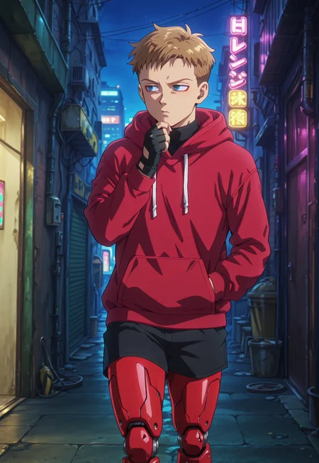dbstyle, masterpiece, best quality, hyper-Detailed, 1man, solo, male focus, alone, detailed, Harlequin_(king) ((adult, toned body, fair skin, brown short hair, detailed blue eyes, red prosthetic legs)), ((wearing red hoodie above a black turtleneck, black tight shorts, black fingerless gloves)), cyberpunk alley, dark alley, night, walking with hands in pockets, thinking, hand on chin, looking away,
