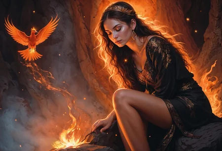 photograph Element of fire, draw an image of a girl, mistress of the element of fire, dressed in complex fiery golden outfits, sitting on a stone by the fire, a glowing fiery firebird is reborn from the fire. The bird appears to be made of flame. The background has an ethereal quality with muted dark tones that contrast with the bright glow of the fiery bird, creating a magical atmosphere, 50mm . cinematic 4k epic detailed 4k epic detailed photograph shot on kodak detailed cinematic hbo dark moody, 35mm photo, grainy, vignette, vintage, Kodachrome, Lomography, stained, highly detailed, found footage, (masterpiece), (best quality), (ultra-detailed), Element of fire, draw an image of a girl, mistress of the element of fire, dressed in complex fiery golden outfits, sitting on a stone by the fire, a glowing fiery firebird is reborn from the fire. The bird appears to be made of flame. The background has an ethereal quality with muted dark tones that contrast with the bright glow of the fiery bird, creating a magical atmosphere, illustration, disheveled hair, detailed eyes, perfect composition, moist skin, intricate details, earrings, by wlop, Art by Luis Royo, Gustave Moreau, Carne Griffiths